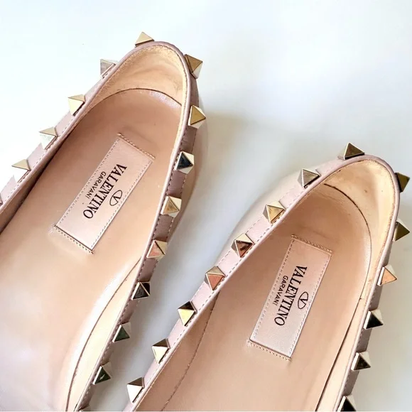 Valentino Garavani Rockstud Pointed Toe Flats Nude Beige Patent Leather 38.5 - Picture 11 of 15
